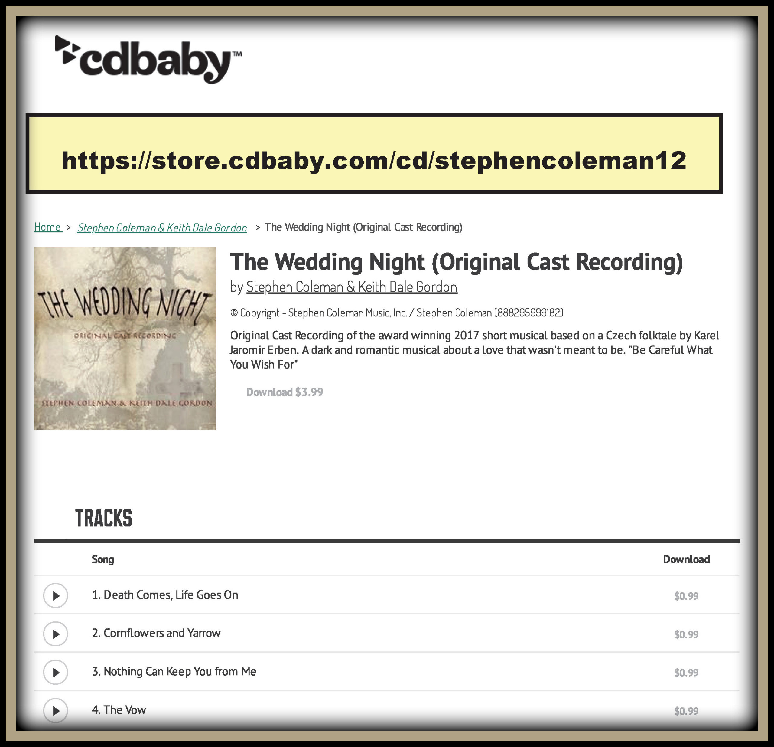 Original Cast Recording of The Wedding Night on ITunes and CDBaby